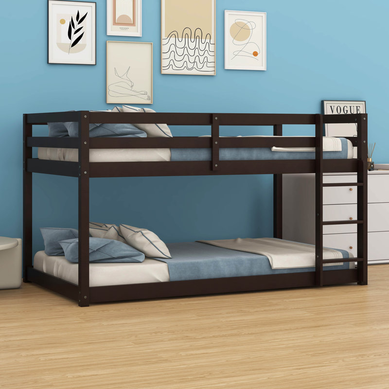 Twin Over Twin Solid Rubber Wood Floor Bunk Bed – Ladder & Strengthened Slat Upper/Bottom Platforms, Espresso