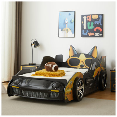 Lit simple voiture de course de dessin animé pour enfants - Cadre de voiture de course en panneau de fibres à densité moyenne noir et jaune avec décorations de chien