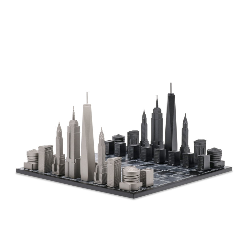Stainless Steel NEW YORK Chess Set with Wood Map Board