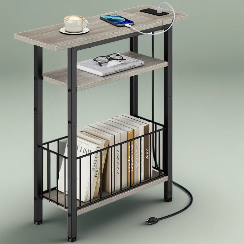 Slim Side Table With Charging Station, Narrow End Table With Built-In USB, Type-C & AC Outlet, 3-Tier Storage Shelves For Small Spaces, Tall Nightstand For Living Room Or Bedroom