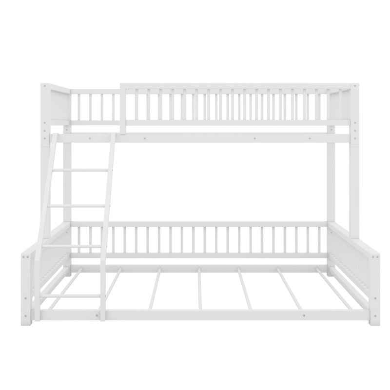Metal Bunk Bed, Floor Bunk Bed Frame With Ladder And Safety Guardrails, Twin XL Over Queen, White