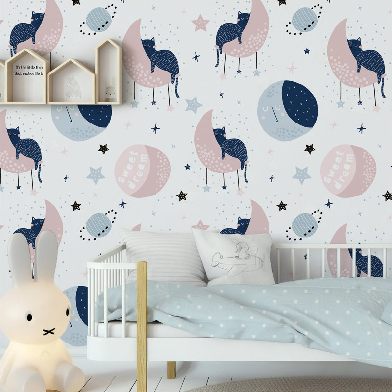 Papier peint amovible pour enfants, lune de chat et mignon chat endormi, L 35,04 po x l 55 po