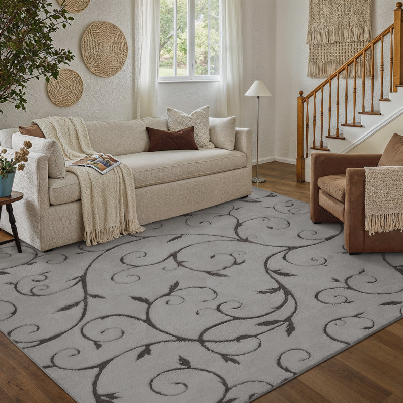 Allover Vine Cotton Velvet Indoor Area Rug With Non-Slip Backing, Rectangle 6' x 9', Gray