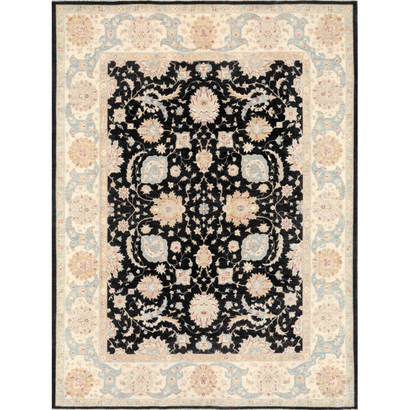Tapis noir en laine noué à la main de conception unique 10 pi x 12 pi années 2010 Denver