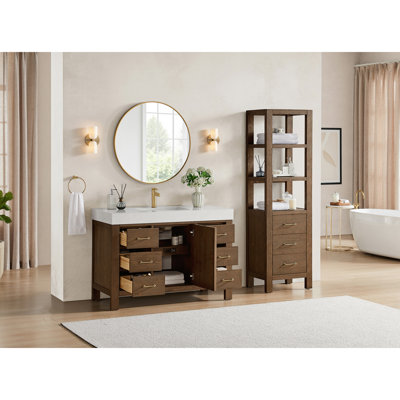 Meuble-lavabo simple Frederica de 122 cm (48 po) en brun vieilli épicéa avec comptoir en pierre composite et miroir