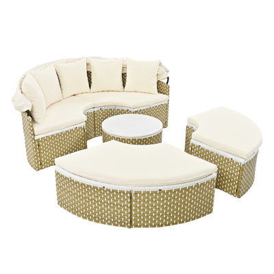 Patio Furniture Round Outdoor Sectional Sofa Set Rattan Daybed Two-Tone Weave Sunbed with Retractable Canopy, Separate Seating and Removable Cushion