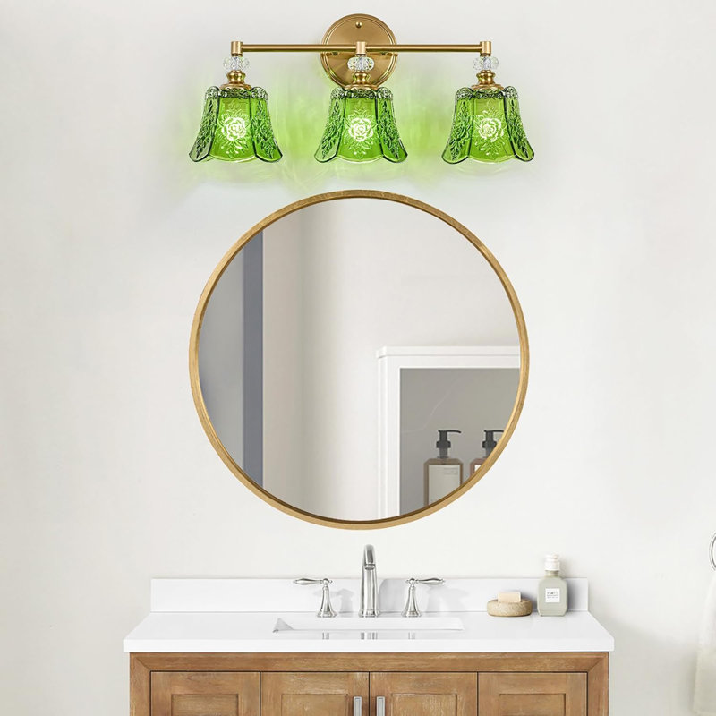 Luminaire de meuble-lavabo rétro, 3 lumières avec abat-jour en cristal rose, rétro, Vert, Nickel brossé