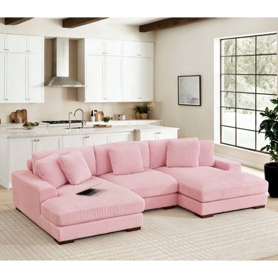 Grande méridienne double 3 places en velours côtelé rose pour une ambiance décontractée, livrée avec des coussins décoratifs et un soutien lombaire ajustable, facile à installer.