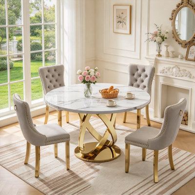 Modern Faux Marble Dining Table Set with Tufted Velvet Upholstered Chairs, Round 47.2" Kitchen & Dining Room Table with Split Round Tabletop &Stainless Steel Pedestal