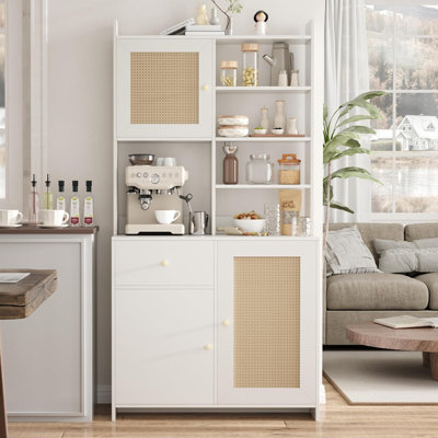 Armoire de cuisine de 71 po de hauteur avec support pour micro-ondes, 3 tablettes réglables, tiroir et portes en rotin, blanc