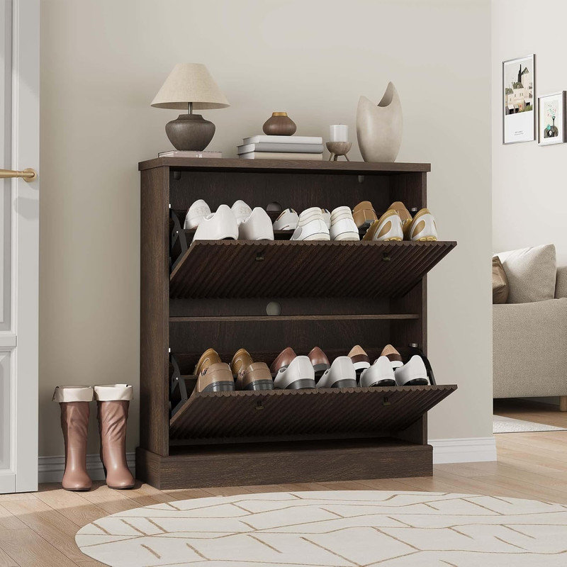 Shoe Cabinet with 2 Flip Drawers, Hidden Wooden Fluted Storage with Adjustable Shelf for Entryway, Hallway, Dark Brown Wood