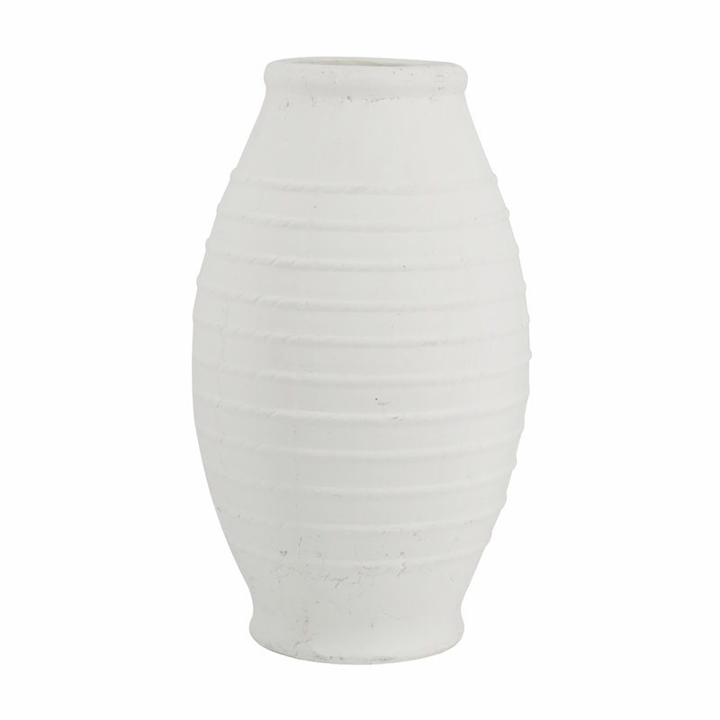 Round Terracotta Vase - Natural White Finish, 19.7" H x 11" W x 11" D