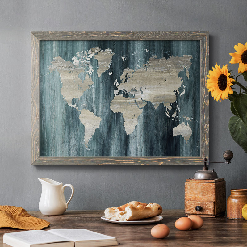 Carte du monde marine - toile tendue avec cadre rustique, Gris, H 26 po x l 38 po x P 1,5 po