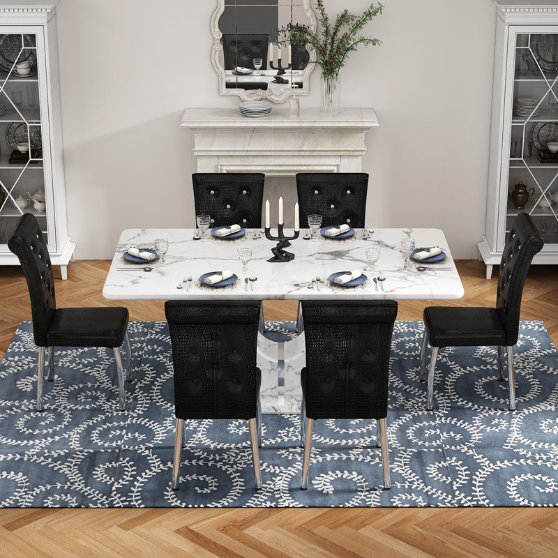 Modern 63" Faux Marble Dining Table Set with Spring-Supported PU Leather Chairs, 7, Black/Silver