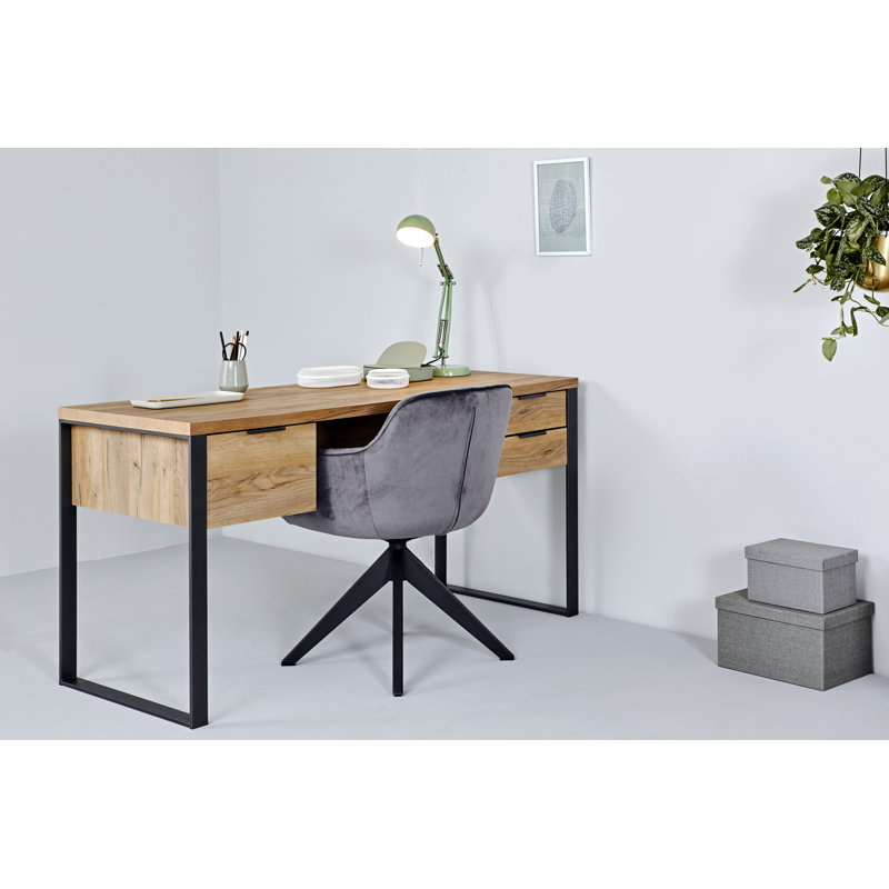 Draylen 60" Metal Base Writing Desk with Storage, Core Oak