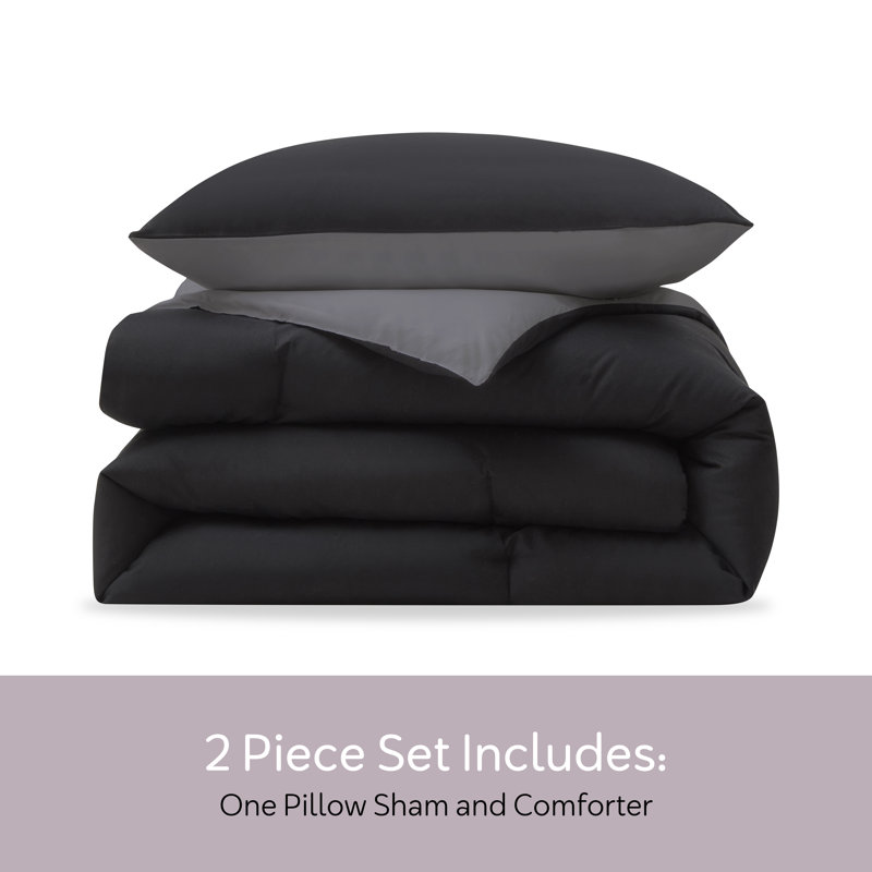 Modern Reversible 2 Piece Comforter Set, Twin Comforter + 1 Standard Sham, Black/Charcoal Gray