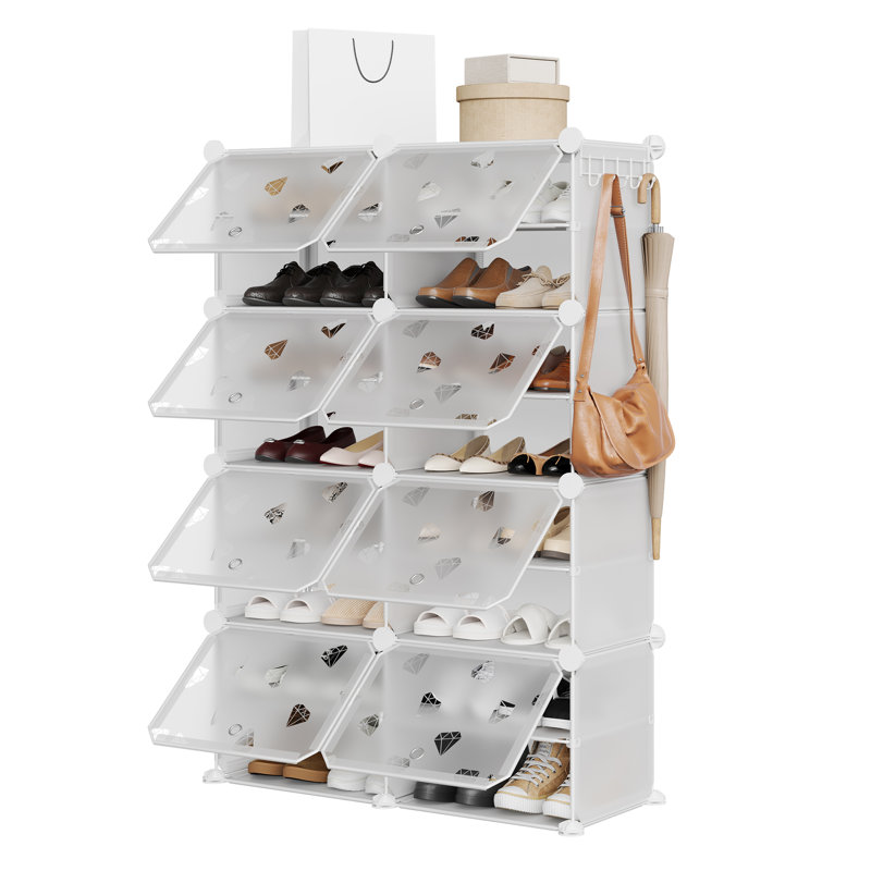 Expandable 8-Tier Shoe Rack Organizer with Doors – Modular Plastic Shoe Storage Cabinet, Space-Saving, Detachable, Holds 32 Pairs, for Entryway, Hallway, Bedroom, Closet, White