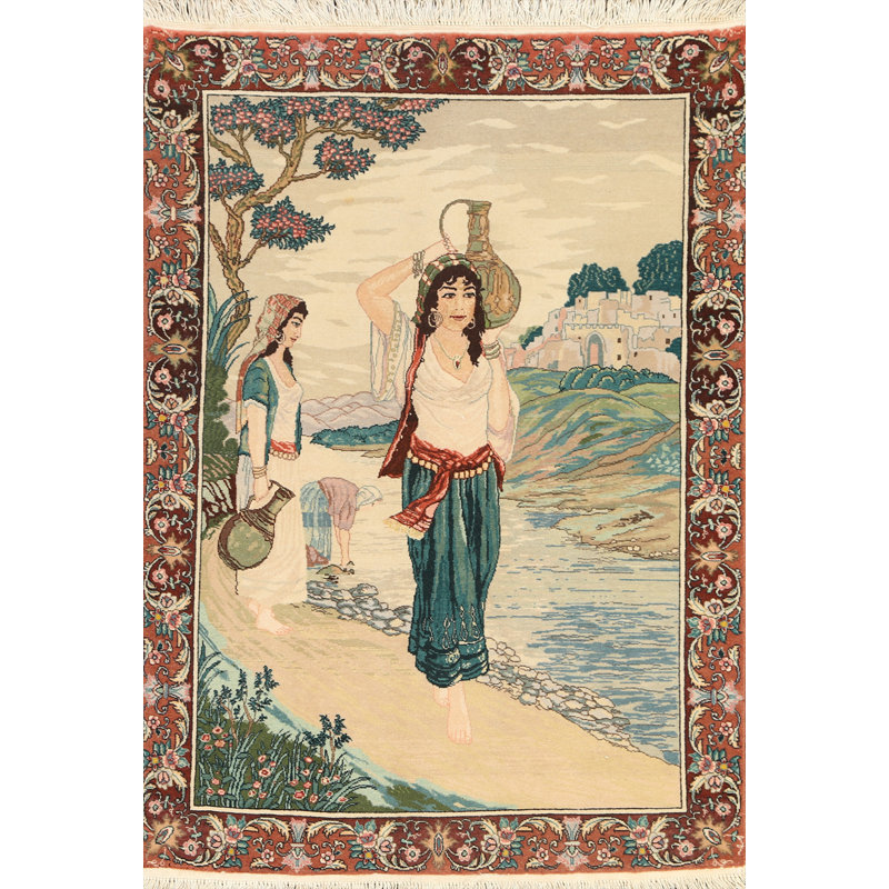 Tapis beige en laine noué à la main de conception unique 2 pi 10 po x 3 pi 10 po Lucia-Noelia