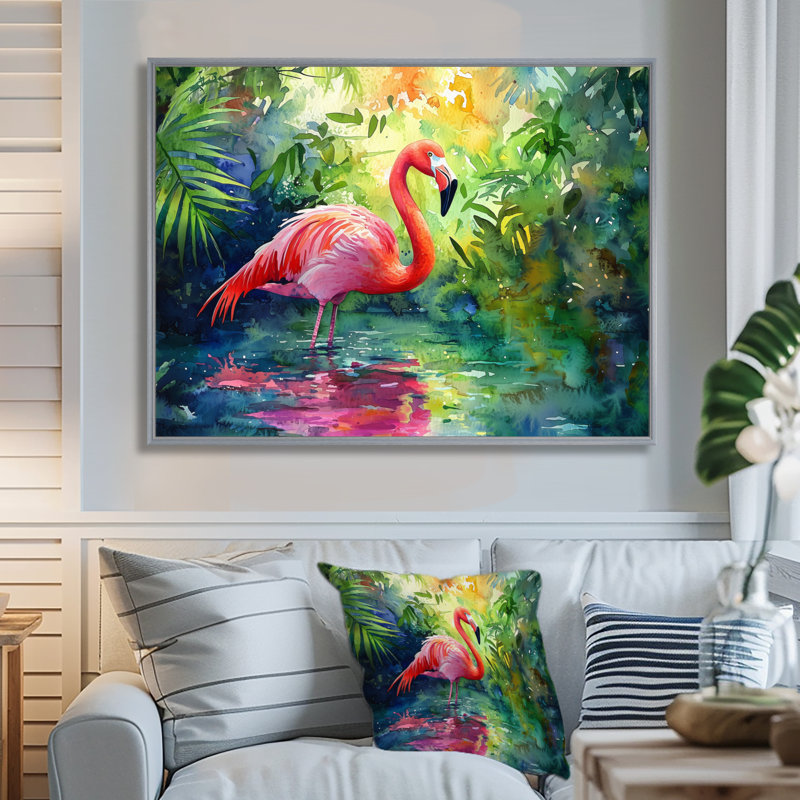 Flamant rose dans la lagune II - flamant rose, art mural, H 12 po x l 20 po, Cadre flottant, Argent argent