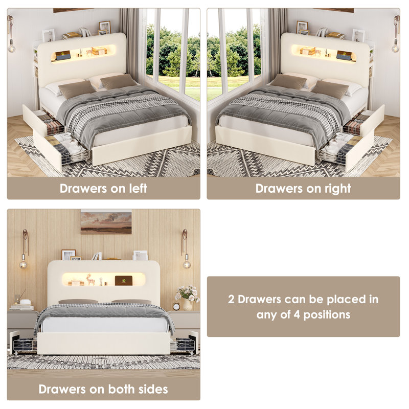 Upholstered Bed Frame, Storage Bed with LED and Charging Station, Full, White