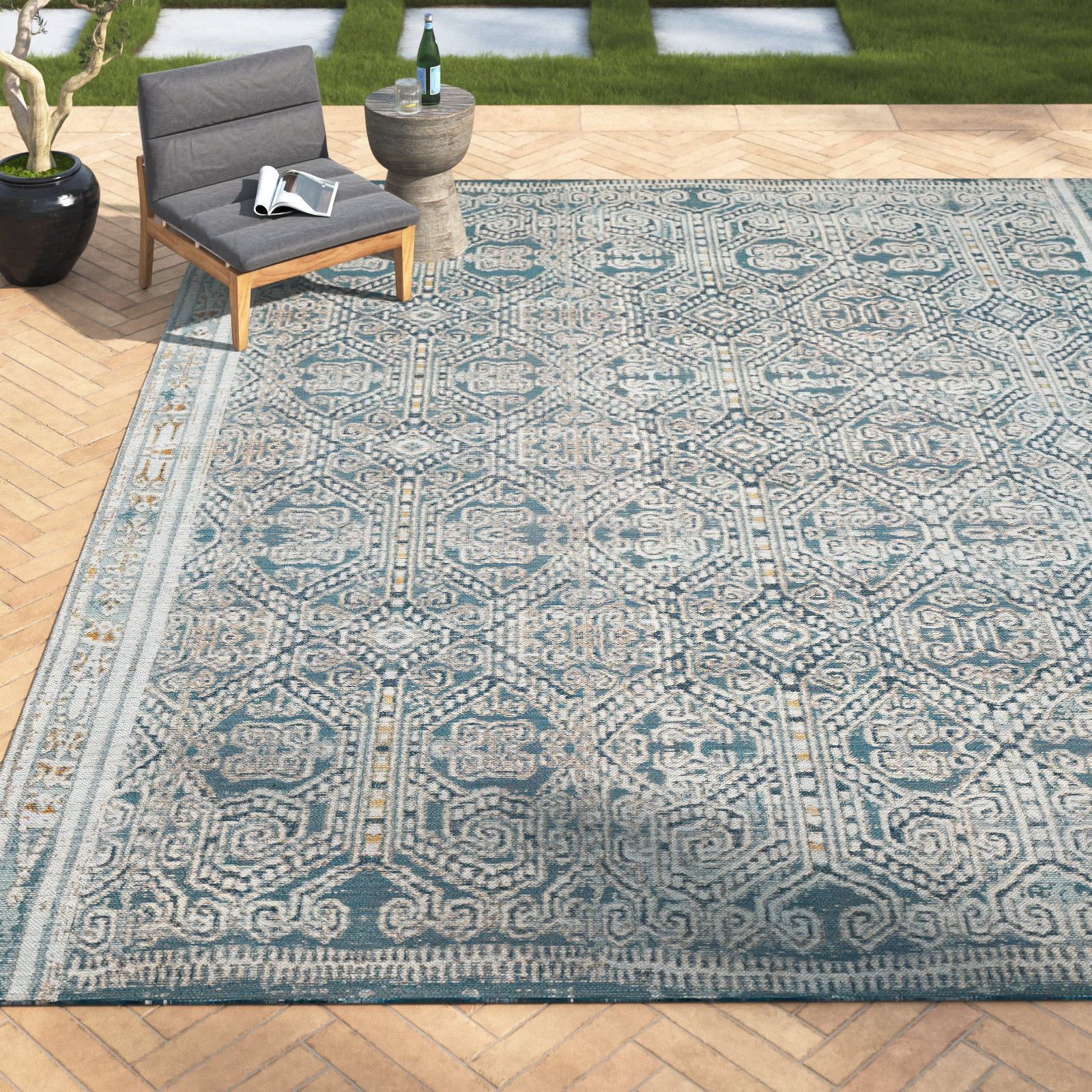 Davana Ocean Geometric Outdoor Rug, Rectangle 10'6" x 13'9"