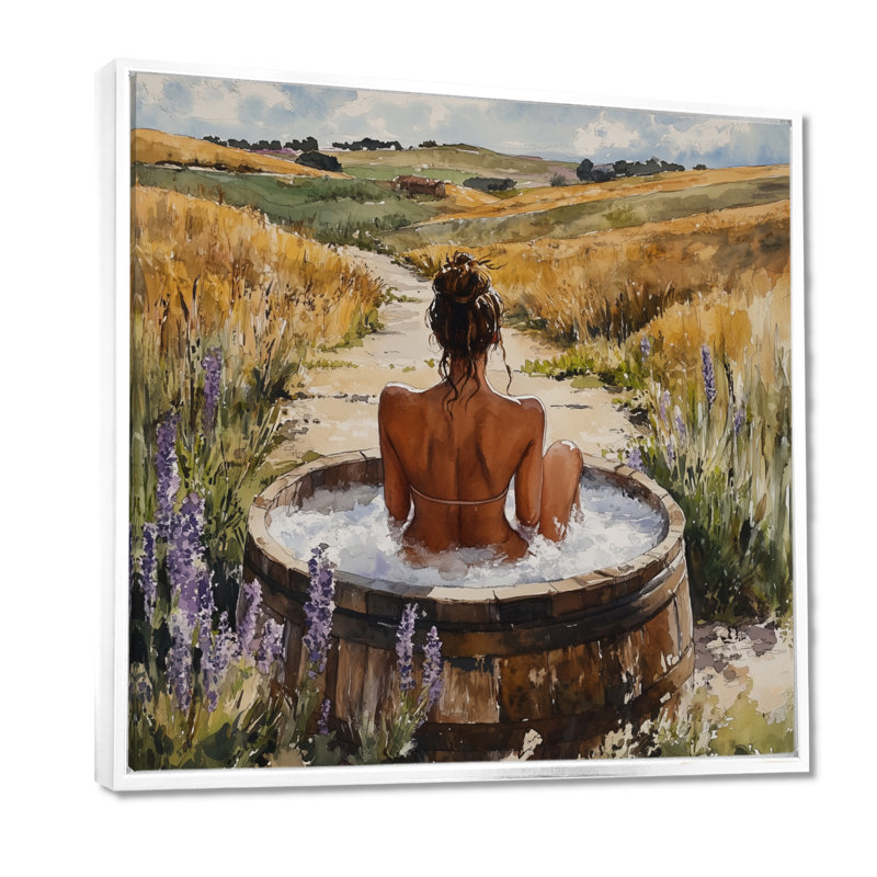 Femme dans une prairie de baignoire - art mural de salle de bain, H 36 po x l 36 po x P 1,5 po