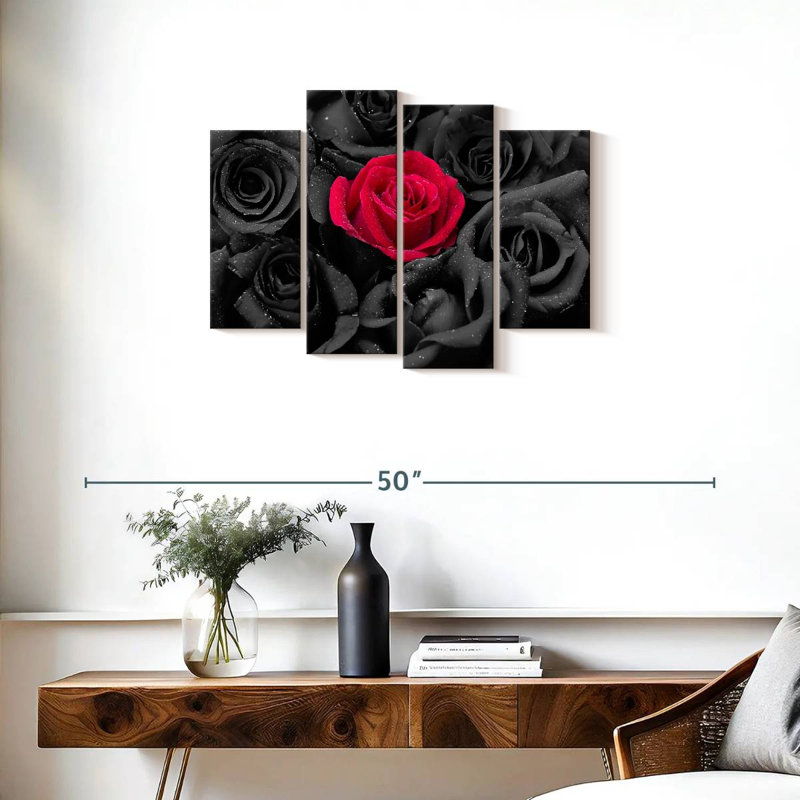 Ensemble de 4 pièces de roses rouges gothiques sur toile, H 22 po x l 36 po x P 1 po
