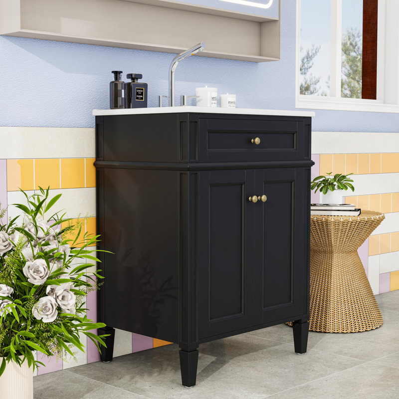 Meuble-lavabo de salle de bain avec lavabo en céramique, tiroir coulissant et portes à fermeture en douceur, Noir