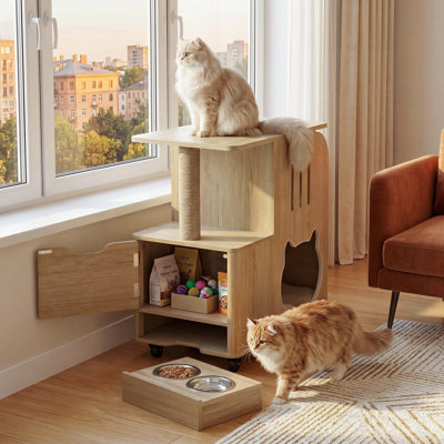 Station de ravitaillement en bois pour chat avec roues, mobilier multifonctionnel pour chat avec grattoir et 2 bols à nourriture intégrés