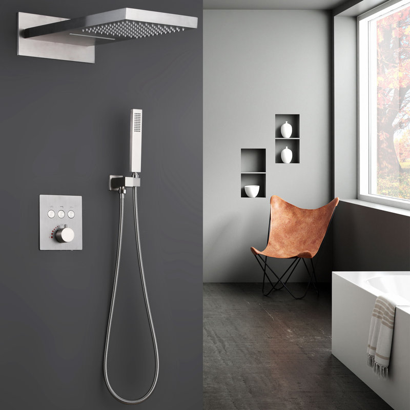  Système de douche thermostatique à haute pression, ensemble de robinet de douche mural en laiton avec pomme de douche pluie et cascade et douchette