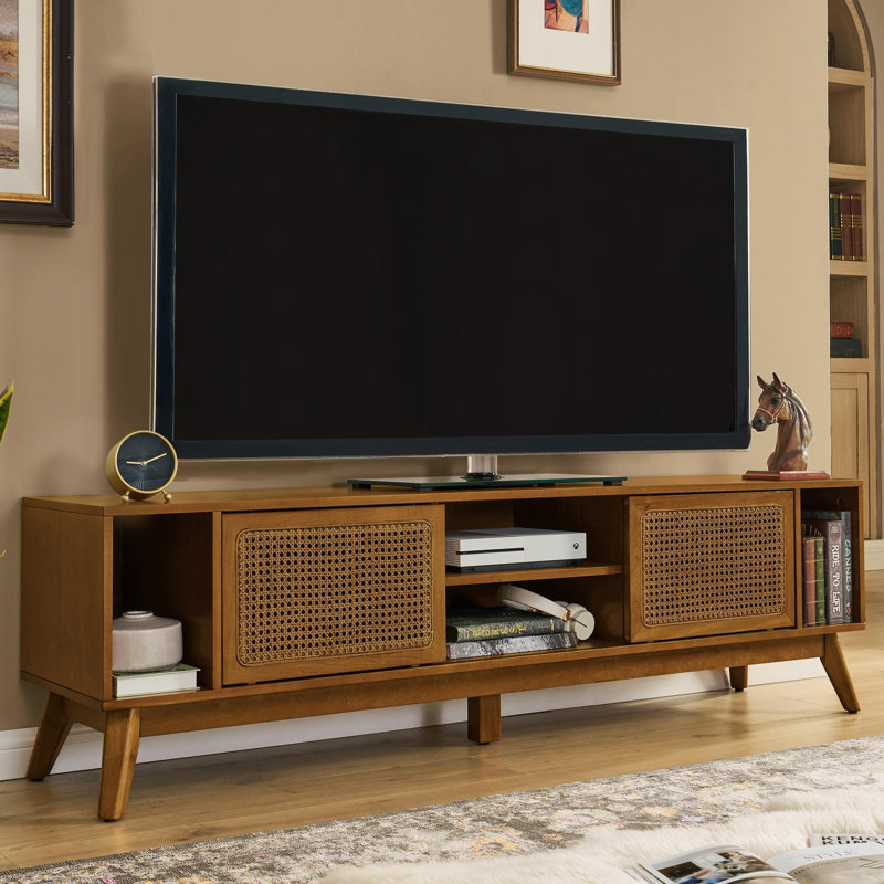 Meuble télé 67,9 po Mid Century Modern Rattan, Noyer clair