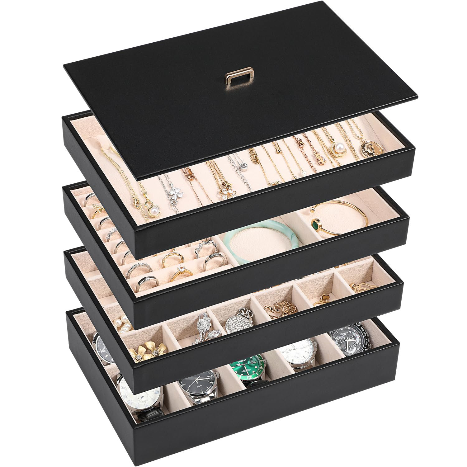 Latitude Run® Stackable Jewellery Organizer Tray With Lid, PU Leather ...