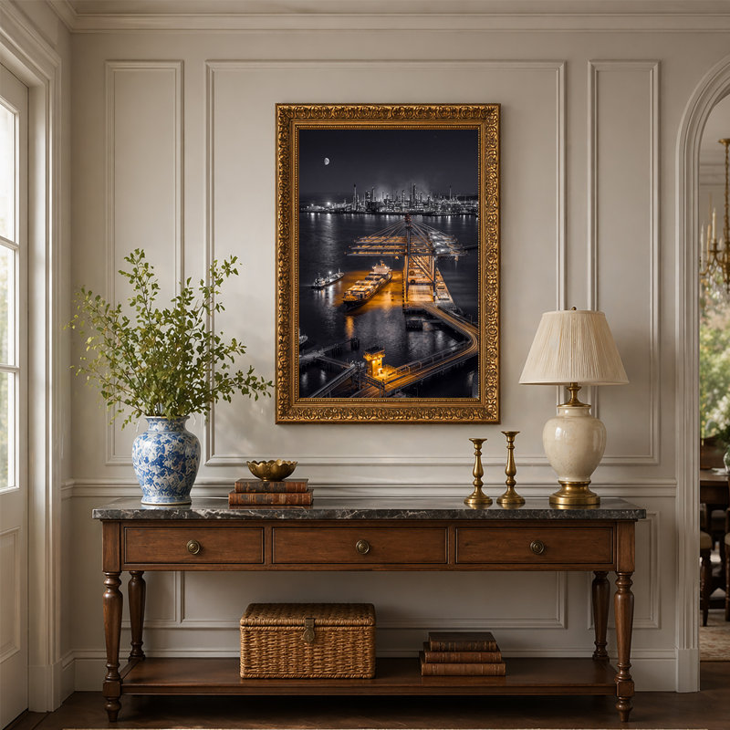 Cargo Ship and Port Cranes at Industrial Harbor at Night Canvas Wall Art, 30"H x 20"W