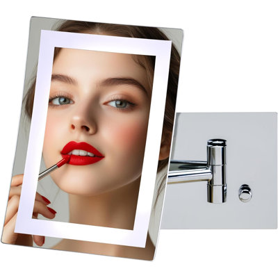 OVENTE 7'' Lighted Wall Mount Makeup Mirror with 7X Magnification, Modern Rectangular Magnifying Bathroom Vanity Mirror, Dimmable White LED Lights, Extendable Folding Arm, Polished Chrome MSWA6387CH7X