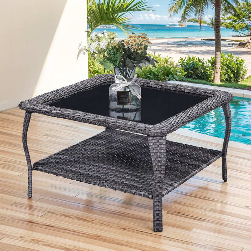 Wendye Stylish Outdoor Wicker Coffee Table With Glass Top, Gray