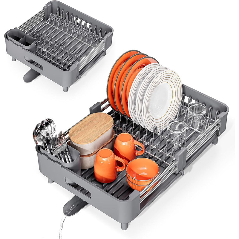Égouttoir à vaisselle extensible en acier inoxydable pour comptoir de cuisine, gris, égouttoir pliable pour économiser de l'espace, porte-couteaux et ustensiles, bec à vidange rapide