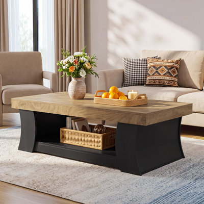 Rectangular Coffee Table With Storage, 2-Tone Wood Coffee Table With Curved Legs & Lower Shelf
