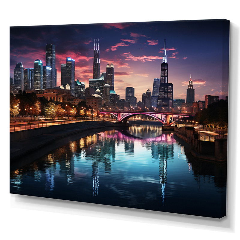 «Chicago Cityscape By Night IV», reproduction sur toile, H 24 po x l 32 po x P 1 po, Toile tendue