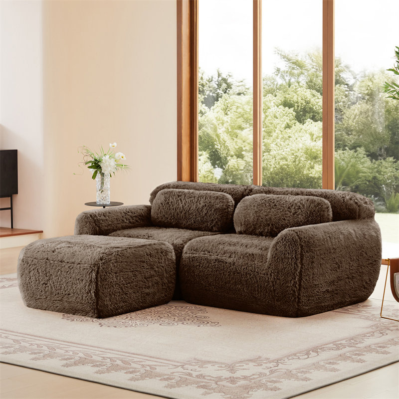 80.3" L-Shaped 2-Seater Sofa with Ottoman, Chocolate Fabric