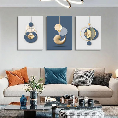 3 pièces encadrées toile abstraite moderne art mural bleu blanc luxe or graphique murales décoratives géométriques minimalistes pour salon chambre bureau décoration de la maison 12 x 16 po