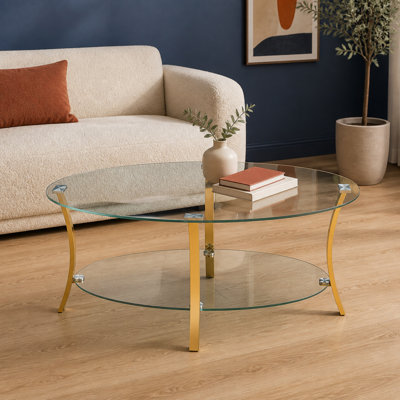 Table basse ovale moderne en verre de 43,3 po avec pieds en métal, verre trempé transparent, rangement à double couche de verre, table centrale de luxe pour le salon, la chambre à coucher et le bureau, or