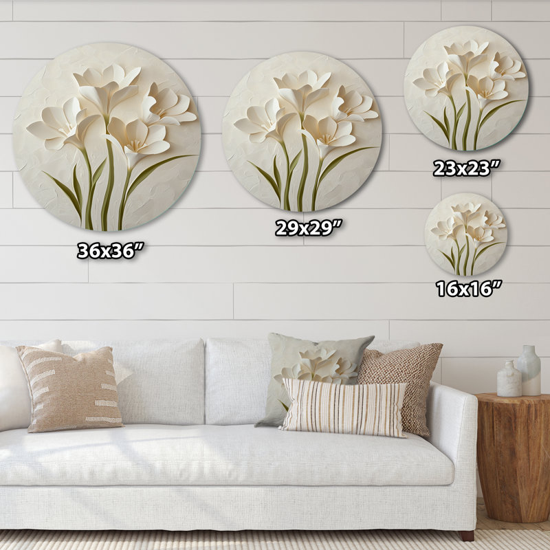 «Calm Freesia Minimal Bloom», art mural rond éclectique moderne, art mural contemporain en métal rond, H 23 po x l 23 po