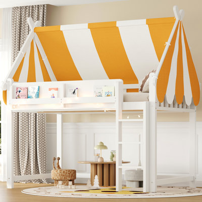 Full Size Loft Bed with Canopy, LED Lights & Book Shelf, White