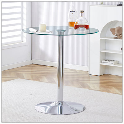 A Glass Tabletop With A Diameter Of 35 Inches And A Modern Minimalist Circular Dining Table With Electroplated Silver Metal Legs. Suitable For Restaurants, Living Rooms, And Conference Rooms.BT-1166