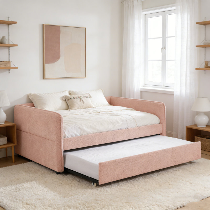 Full Size Upholstered Tufted Sofa Daybed With Twin Pop-Up Trundle, Soft Boucle Fabric (83"X58.5"X29.5"), Full , Pink