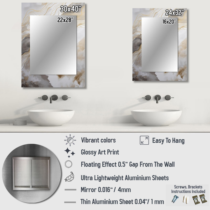 Or et gris abstrait Art Line V - art mural décoratif, miroir doré, imprimé, 40 po x 30 po