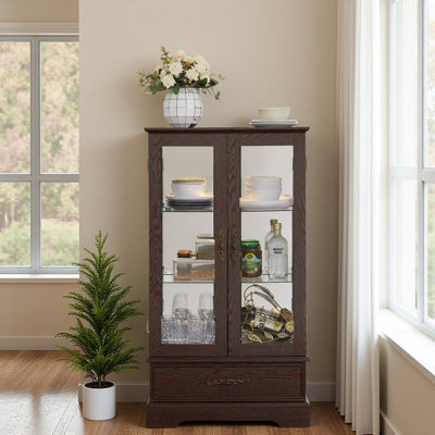 Lighted Glass Curio Cabinet With Adjustable Shelves - Elegant 2-Door Display Cabinet & Built-In Drawer, Includes Bulb