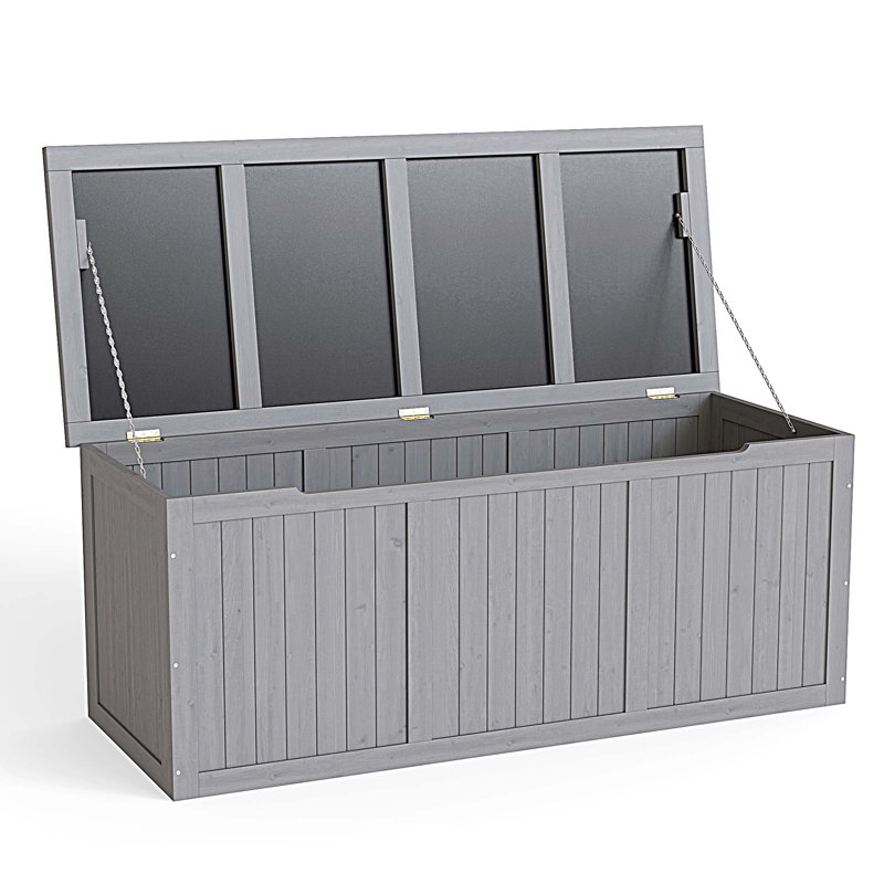 Outdoor Wooden Deck Box Solid Wood Storage Box Seat & Table Top for Patio Furniture Cushions, Pool Toys and Garden Tools