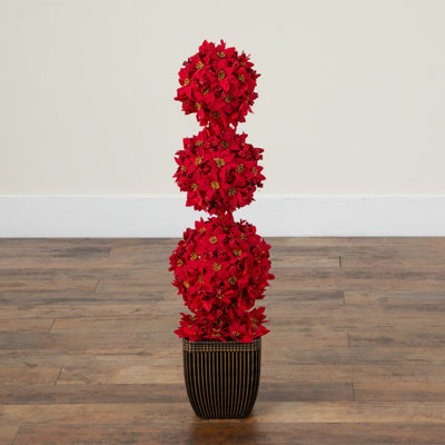 31in. Pre-Lit Artificial Christmas Poinsettia Triple Ball Topiary Tree with 45 LED Lights in Decorative Planter