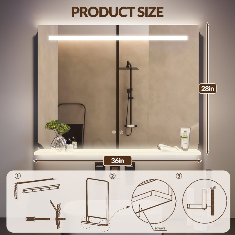 Led Lighted Fog-Free Mirror With Storage Shelf Wall-Mounted Waterproof